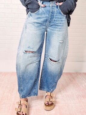 NWOT Free People Good Luck Mid-Rise Distressed Barrel Jeans, **26